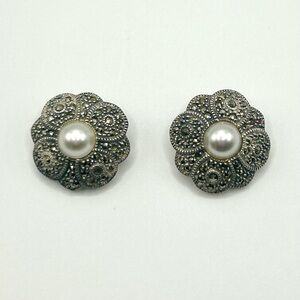 Vintage Sterling Silver 925 Clip-On Earrings With Faux Peal